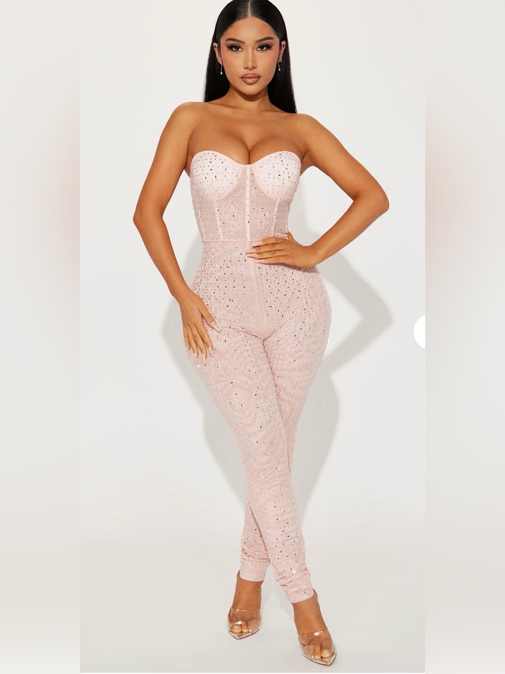 Fashion Nova Blush Pink Strapless Rhinestone Jumpsuit